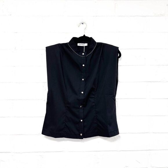 Tops - 219 - Cotton Short Sleeve Button Up With Beading Detail Black